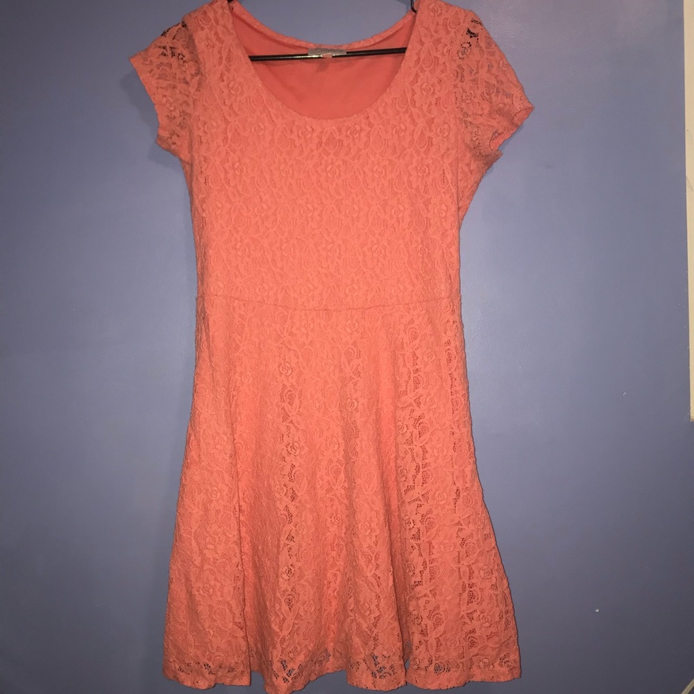 Peach Floral Lace Skater Dress